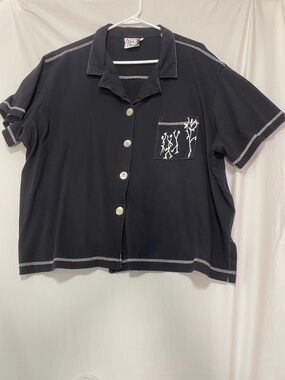 Vintage Copa Cabana Button Up Shirt “Art to Wear” Navy Blue 100% Cotton